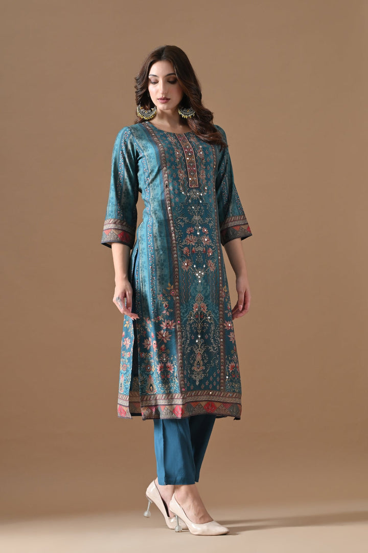 Blue Printed Kurta Set (3 Piece)