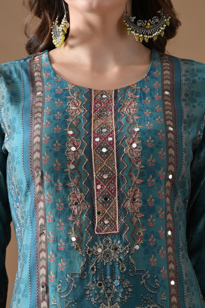 Blue Printed Kurta Set (3 Piece)