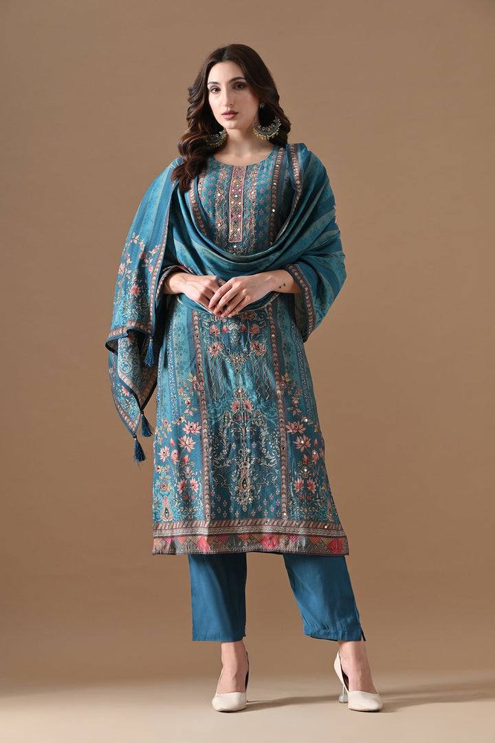 Blue Printed Kurta Set (3 Piece)