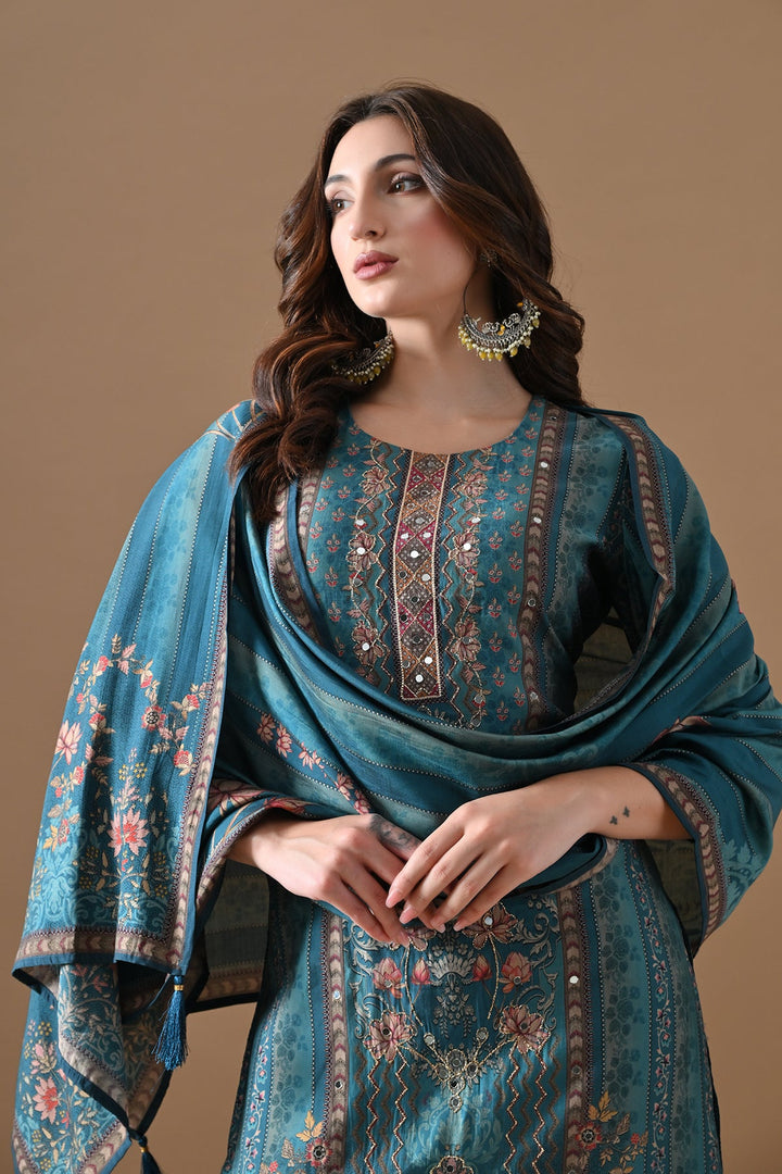 Blue Printed Kurta Set (3 Piece)