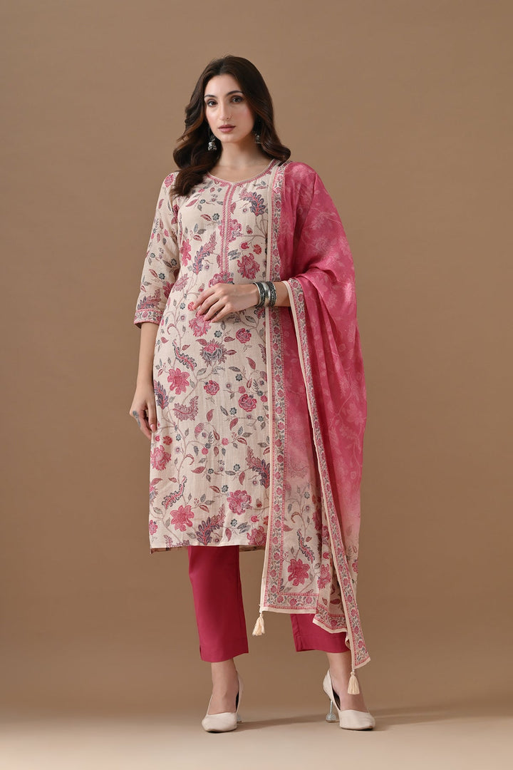 Beige Floral Printed Kurta Set (3 Piece)