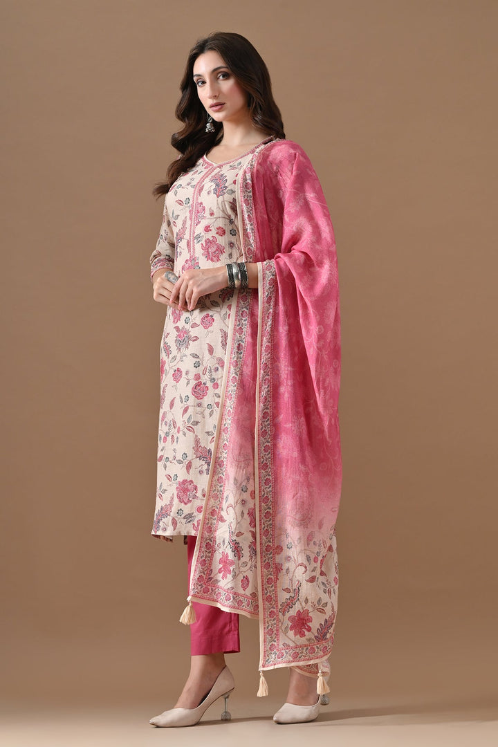Beige Floral Printed Kurta Set (3 Piece)