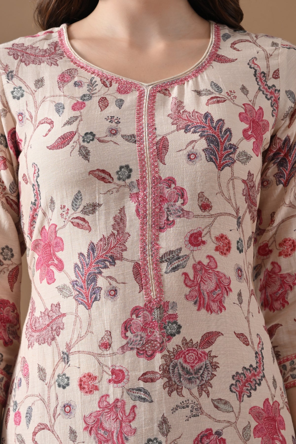 Beige Floral Printed Kurta Set (3 Piece)