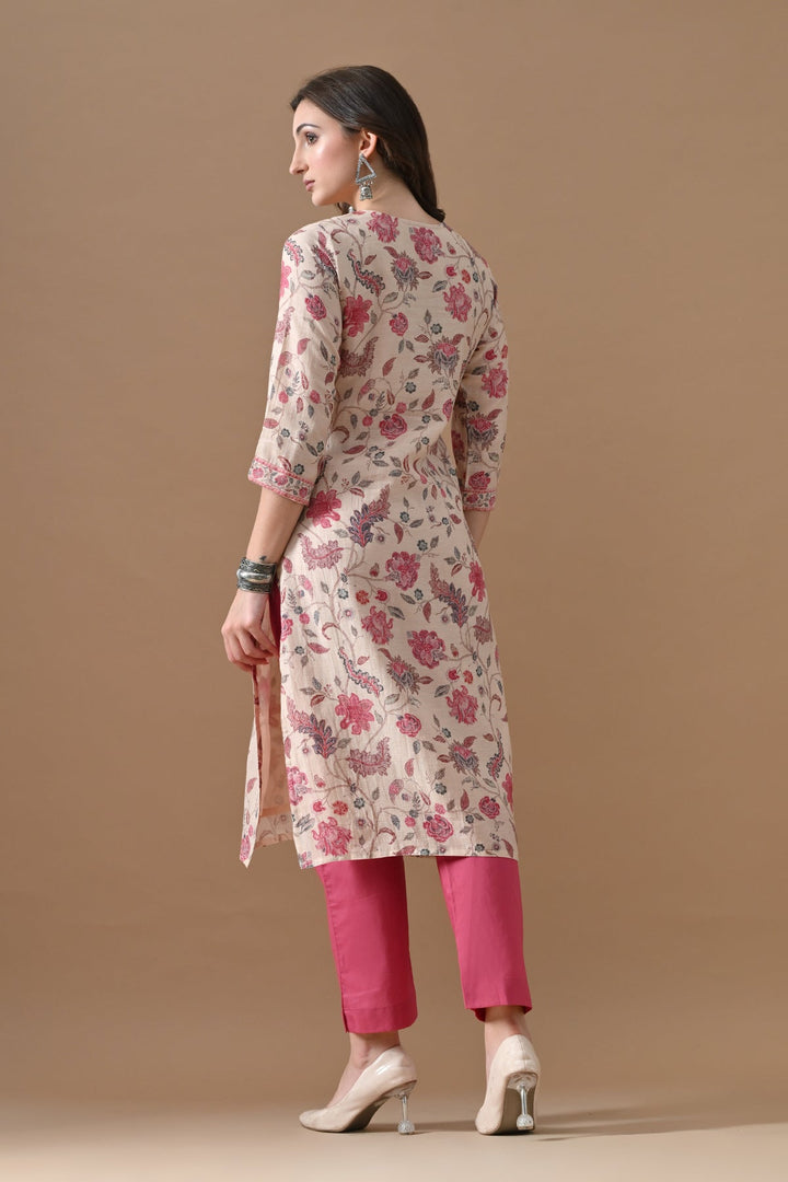Beige Floral Printed Kurta Set (3 Piece)
