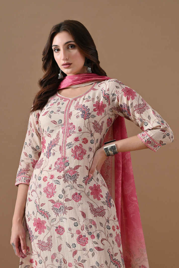 Beige Floral Printed Kurta Set (3 Piece)