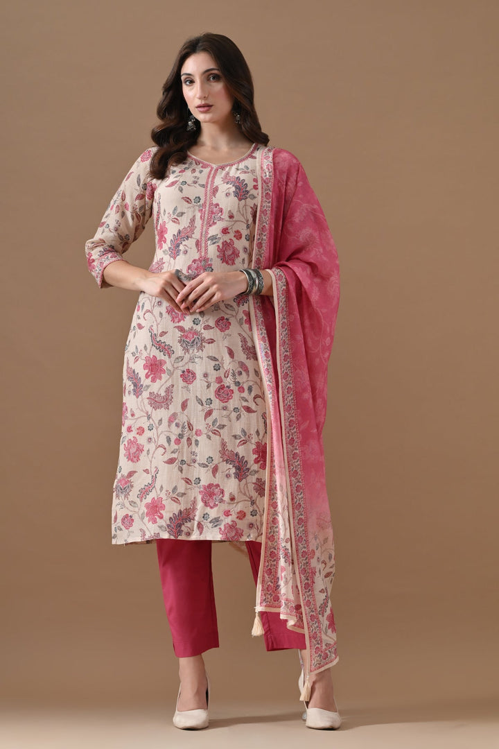 Beige Floral Printed Kurta Set (3 Piece)