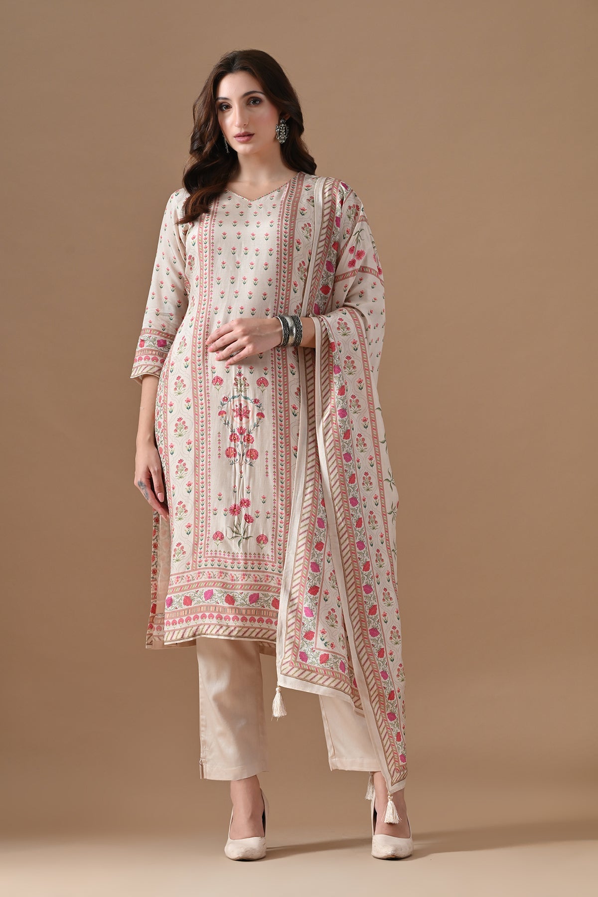 Beige Printed Kurta 3 Pcs Set