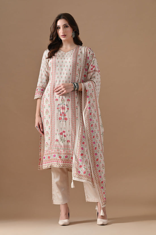 Beige Printed Kurta Set (3 Piece)