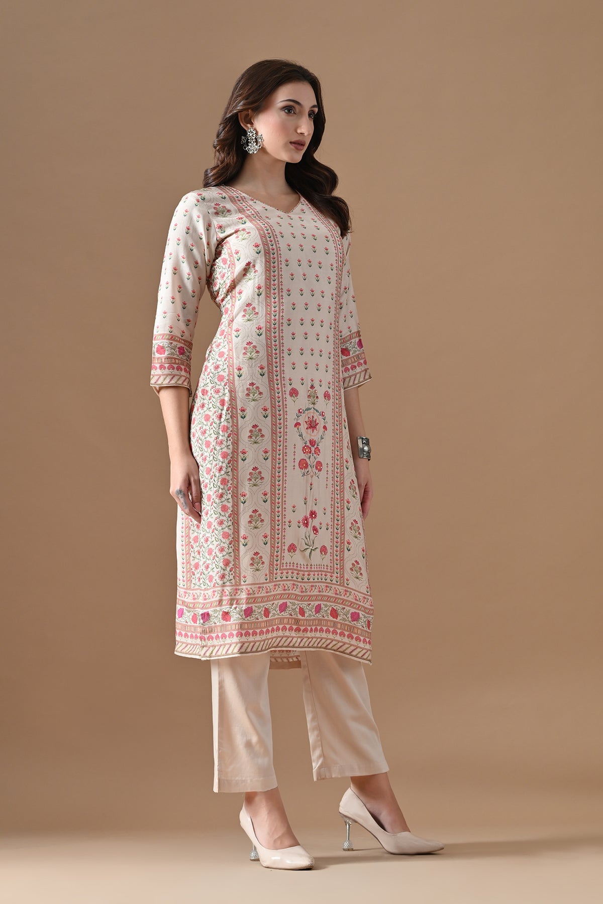 Beige Printed Kurta 3 Pcs Set