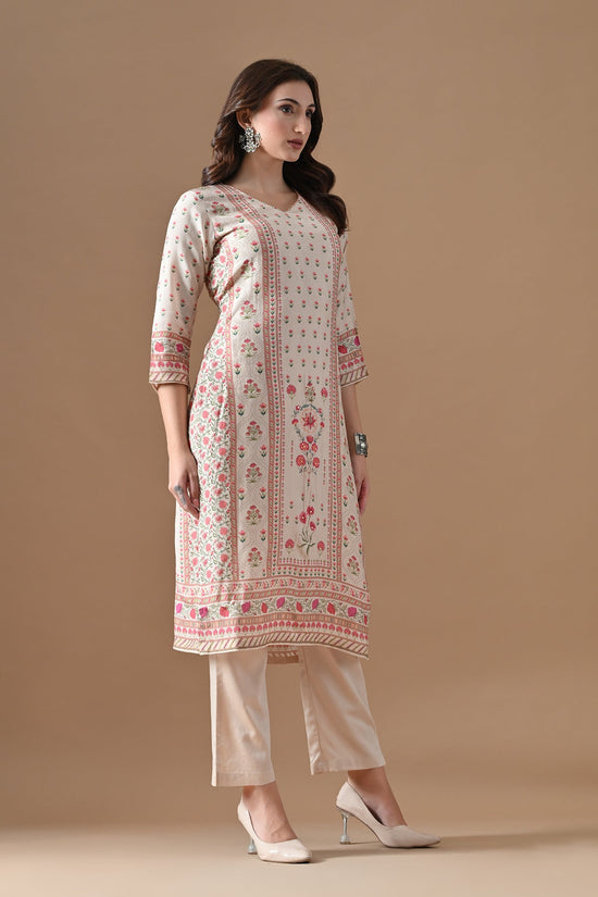 Beige Printed Kurta Set (3 Piece)