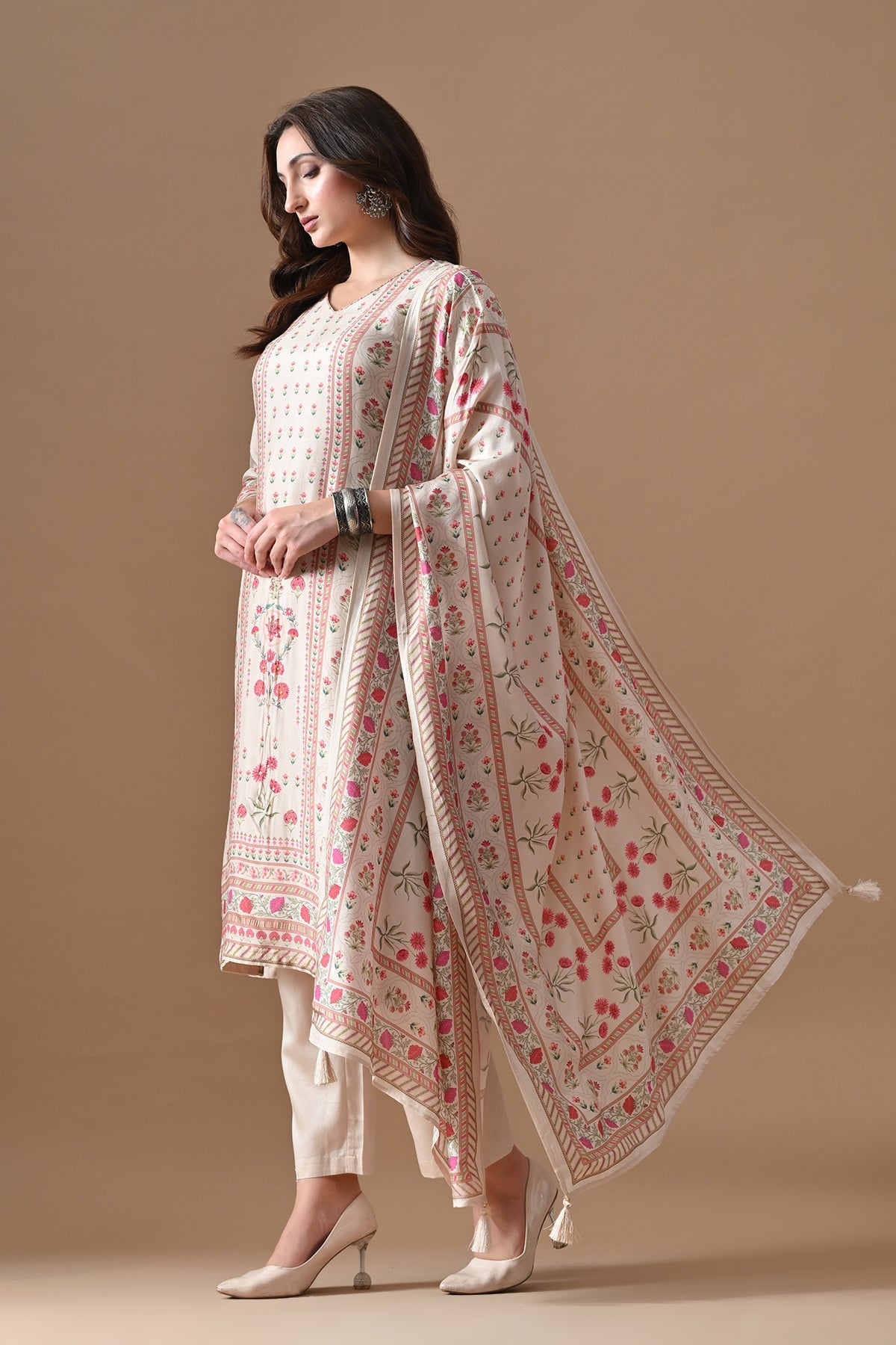 Beige Printed Kurta 3 Pcs Set