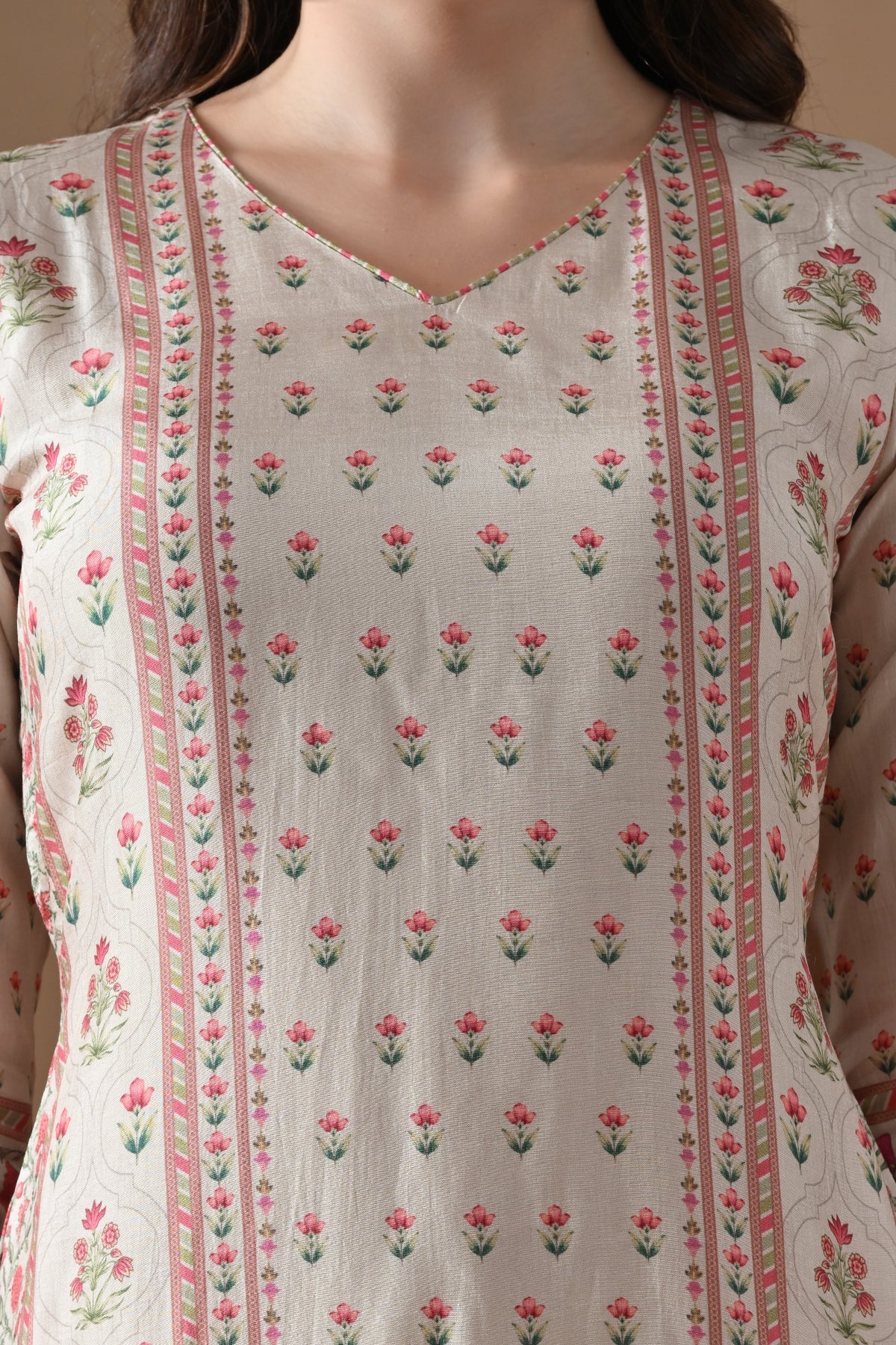 Beige Printed Kurta 3 Pcs Set