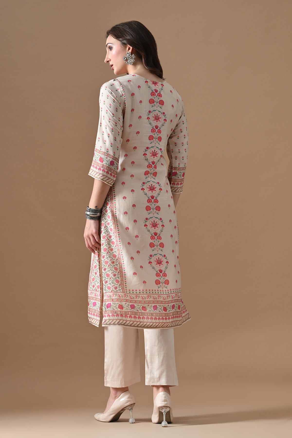 Beige Printed Kurta 3 Pcs Set