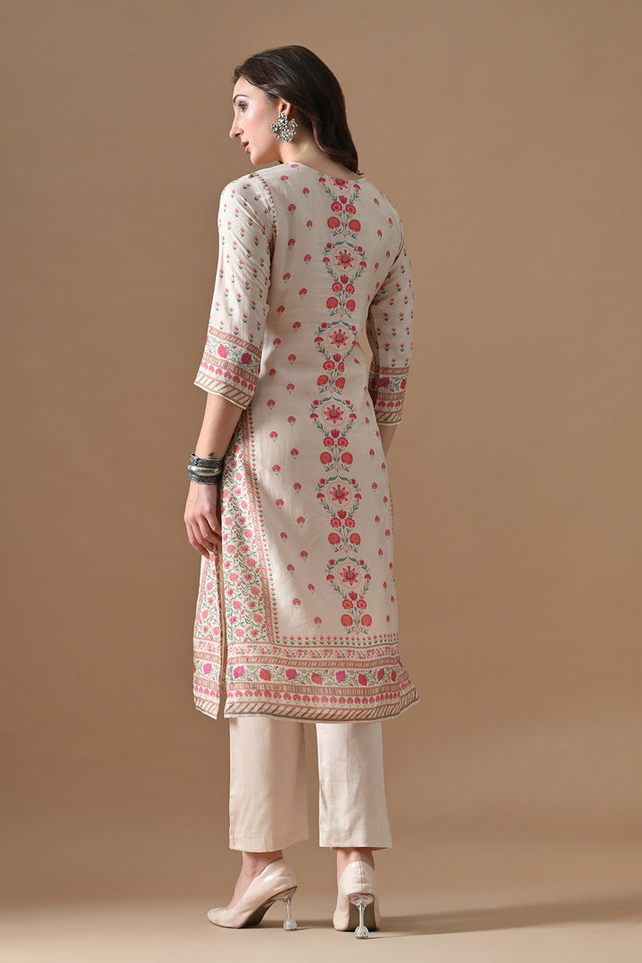 Beige Printed Kurta Set (3 Piece)