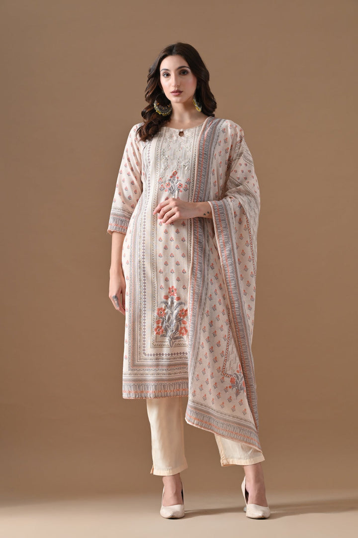 Cream Printed Kurta Set (3 Piece)