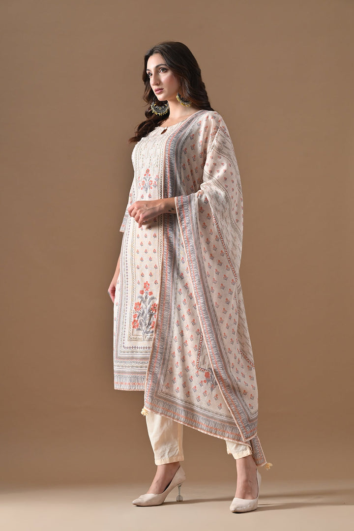 Cream Printed Kurta Set (3 Piece)