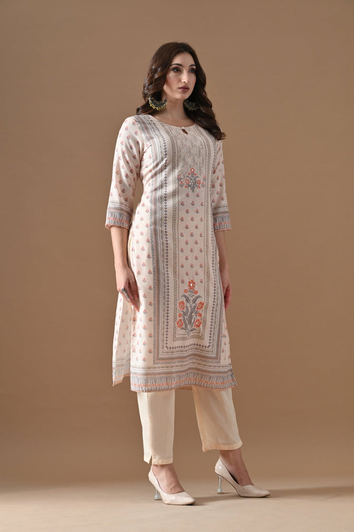Cream Printed Kurta Set (3 Piece)
