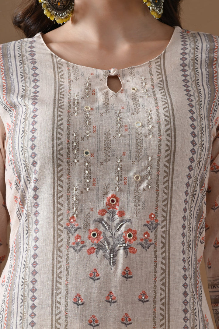 Cream Printed Kurta Set (3 Piece)