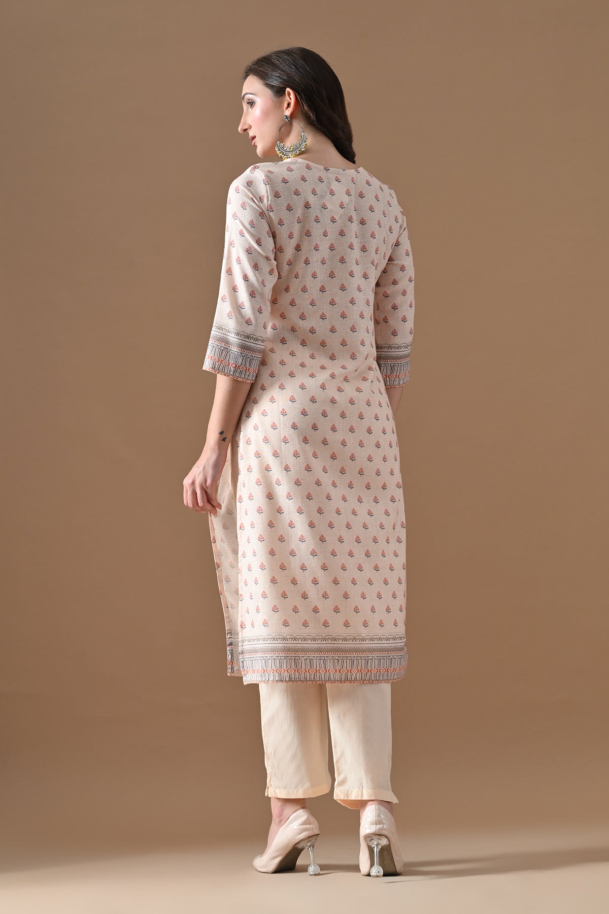 Cream Printed Kurta Set (3 Piece)