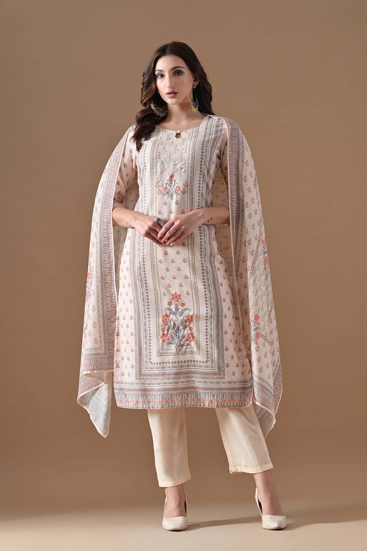 Cream Printed Kurta Set (3 Piece)