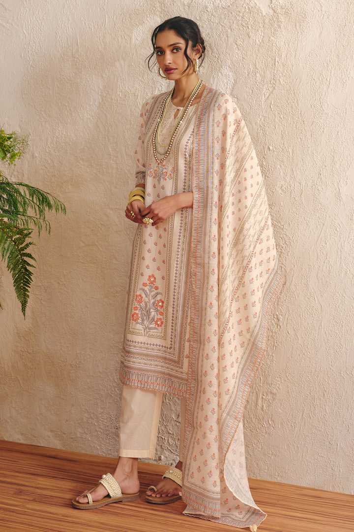 Cream Printed Kurta Set (3 Piece)