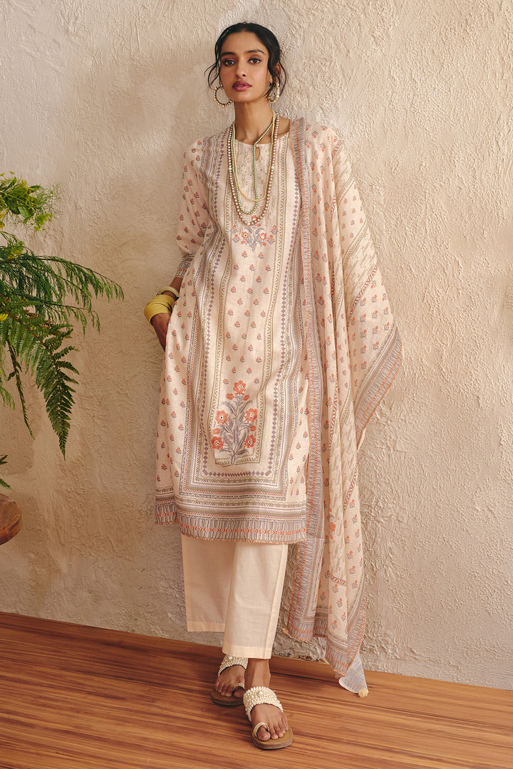 Cream Printed Kurta Set (3 Piece)