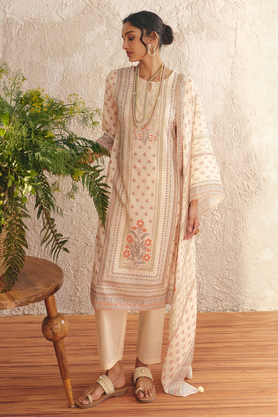 Cream Printed Kurta Set (3 Piece)
