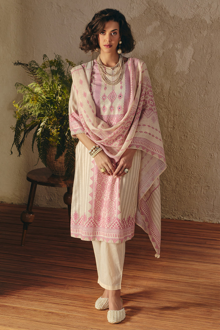 Cream Printed Kurta Set (3 Piece)