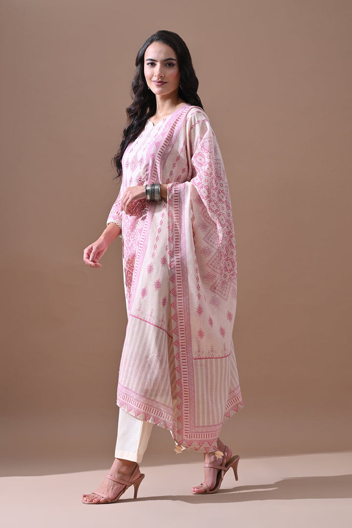 Cream Printed Kurta Set