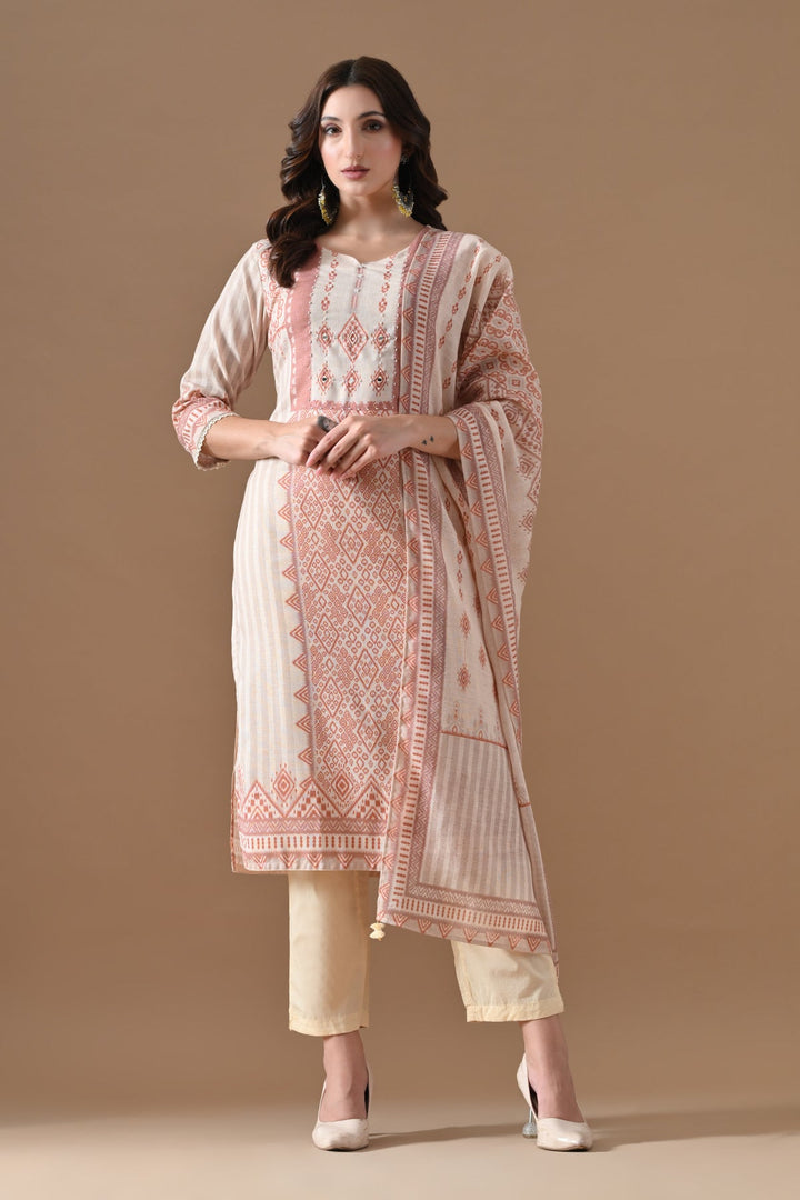 Cream Printed Kurta Set (3 Piece)