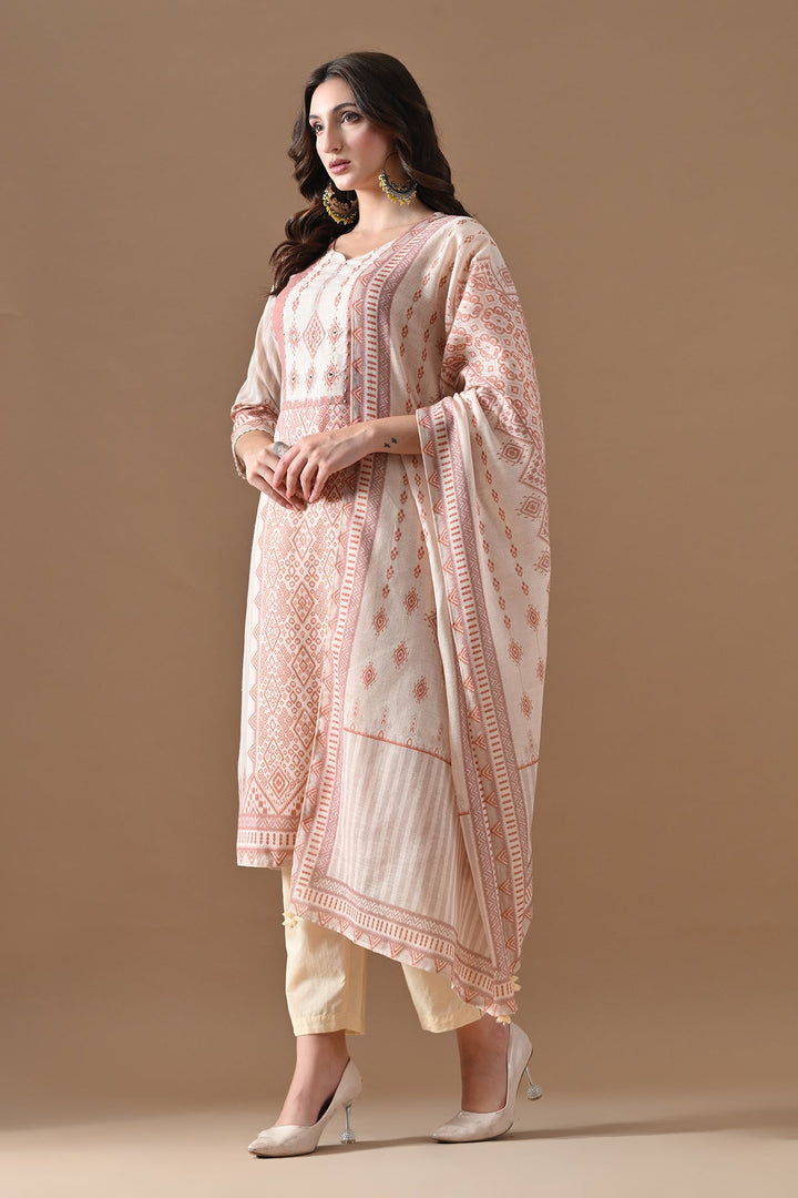 Cream Printed Kurta Set (3 Piece)
