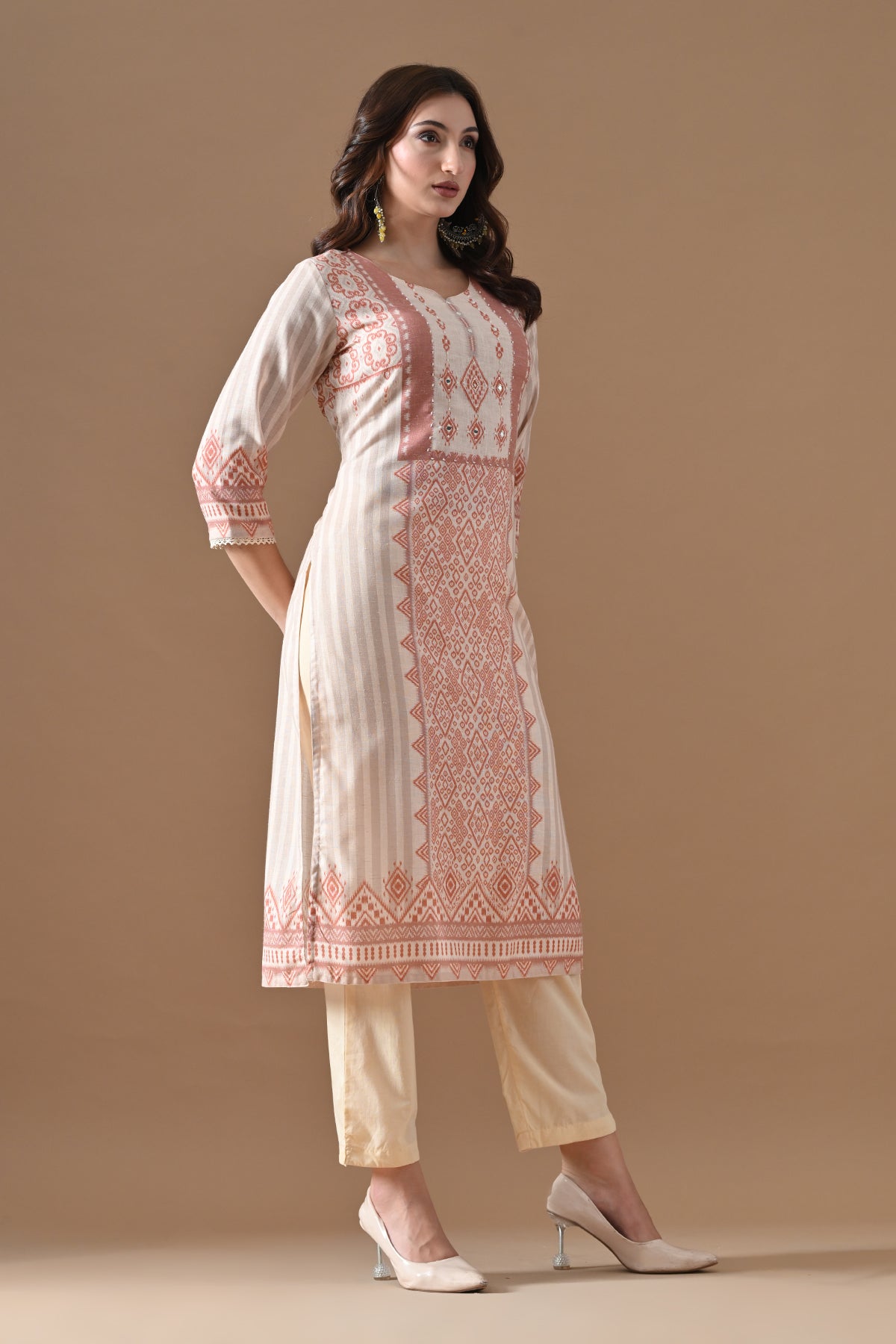 Cream Printed Kurta Set (3 Piece)