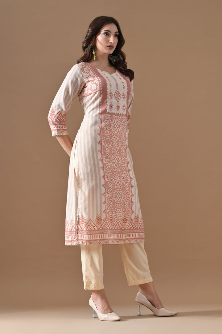 Cream Printed Kurta Set (3 Piece)