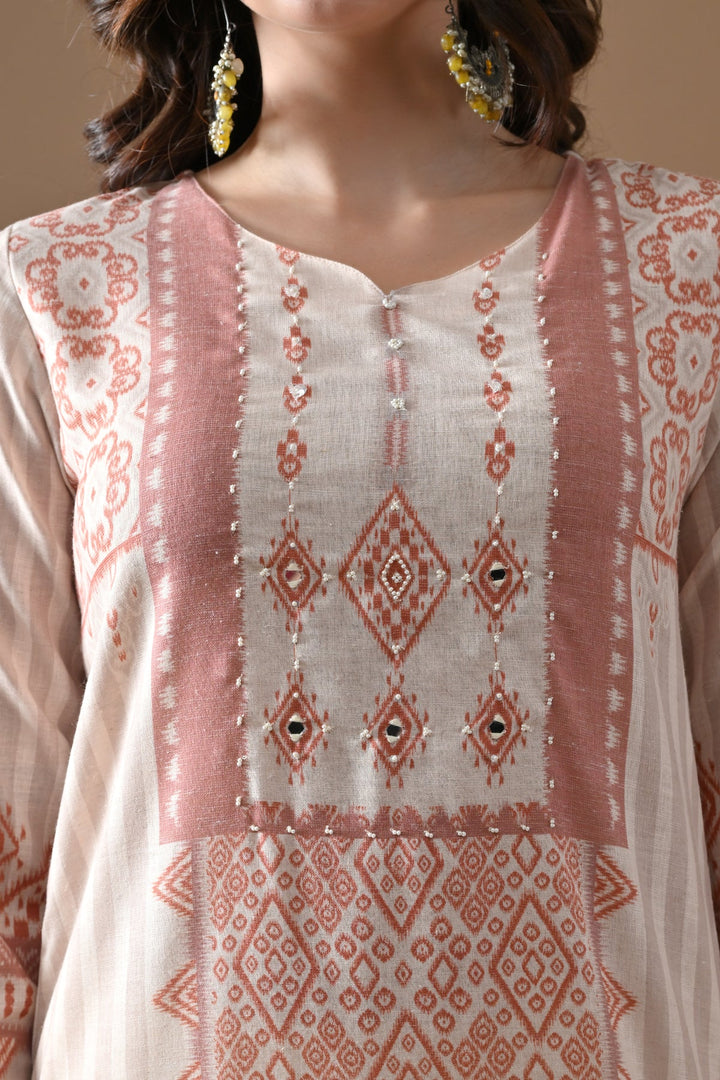 Cream Printed Kurta Set (3 Piece)