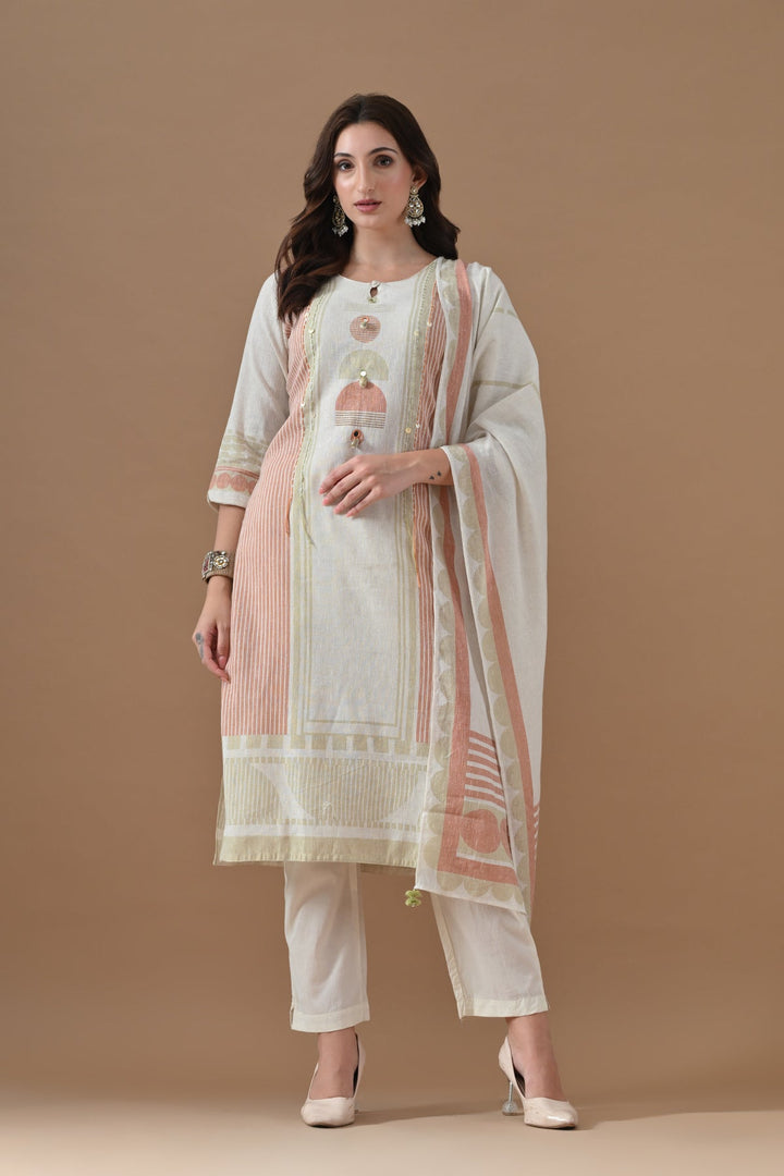 Cream Printed Kurta Set (3 Piece)