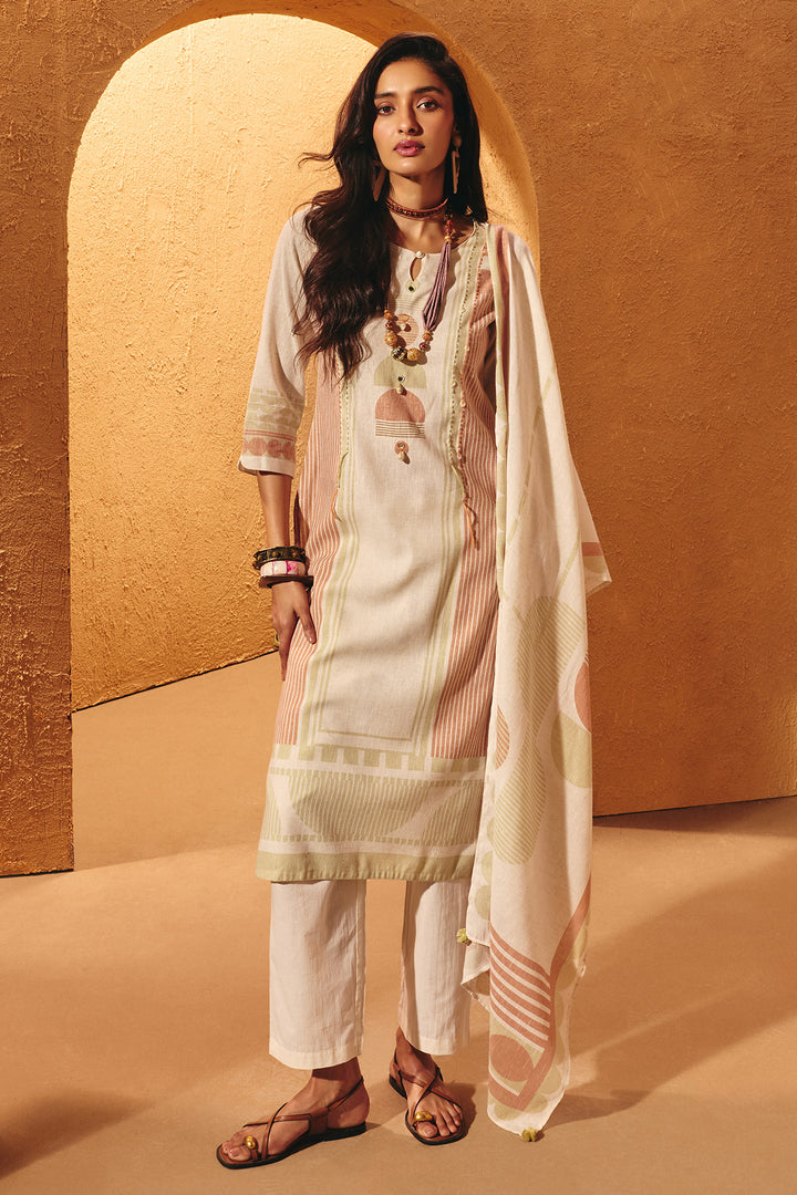 Cream Printed Kurta Set (3 Piece)