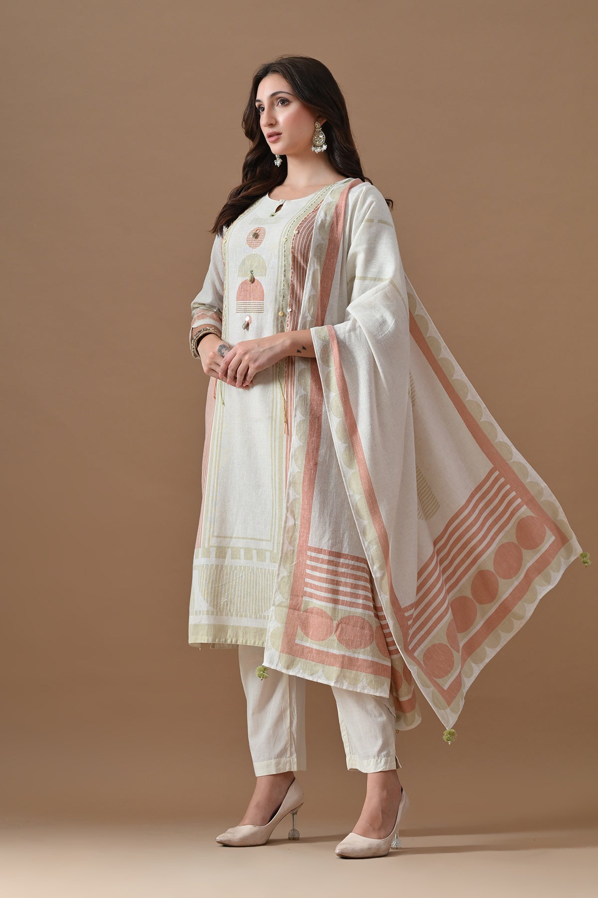 Cream Printed Kurta Set (3 Piece)