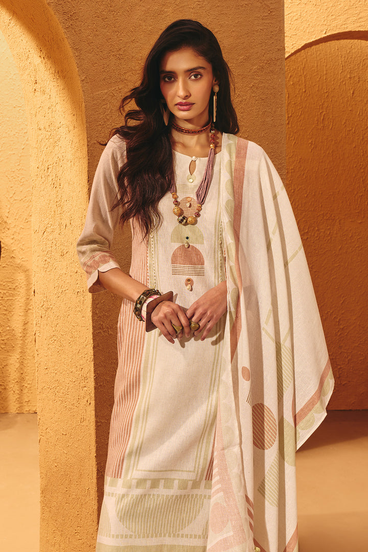 Cream Printed Kurta Set (3 Piece)