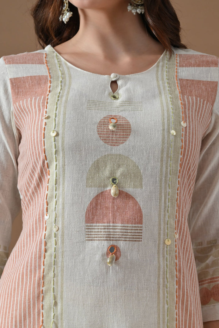 Cream Printed Kurta Set (3 Piece)