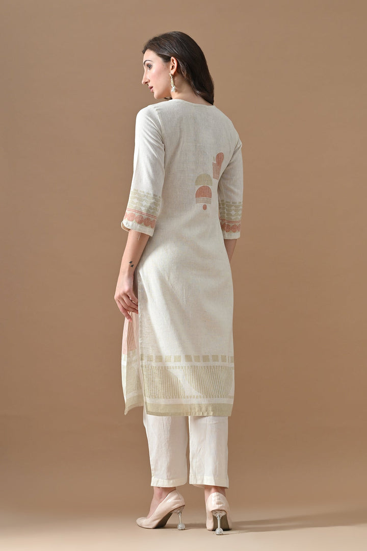 Cream Printed Kurta Set (3 Piece)