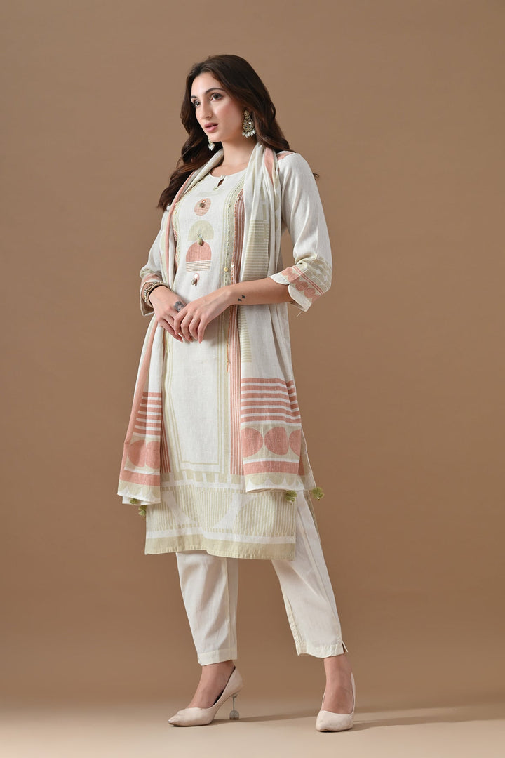 Cream Printed Kurta Set (3 Piece)