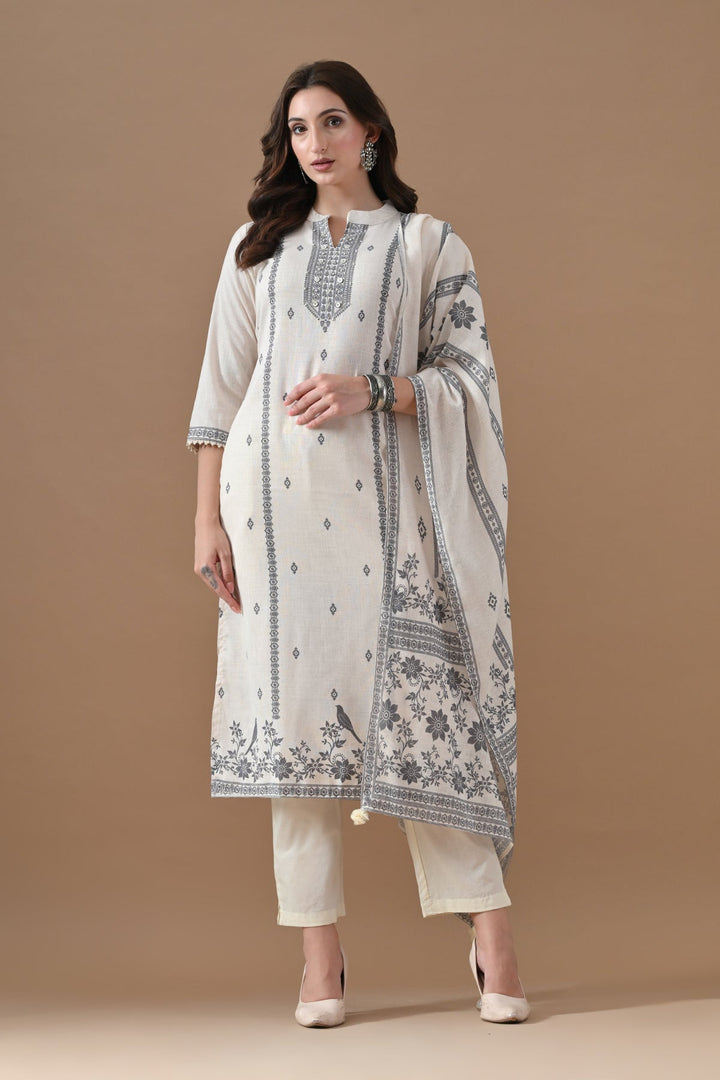 Cream Printed Kurta Set (3 Piece)