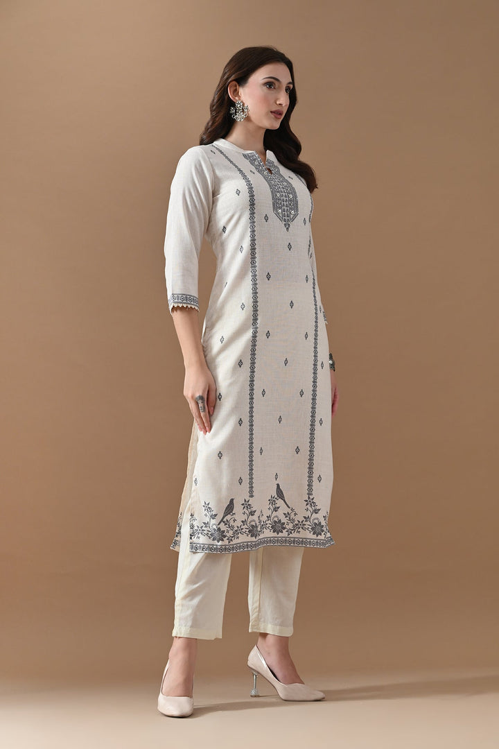Cream Printed Kurta Set (3 Piece)