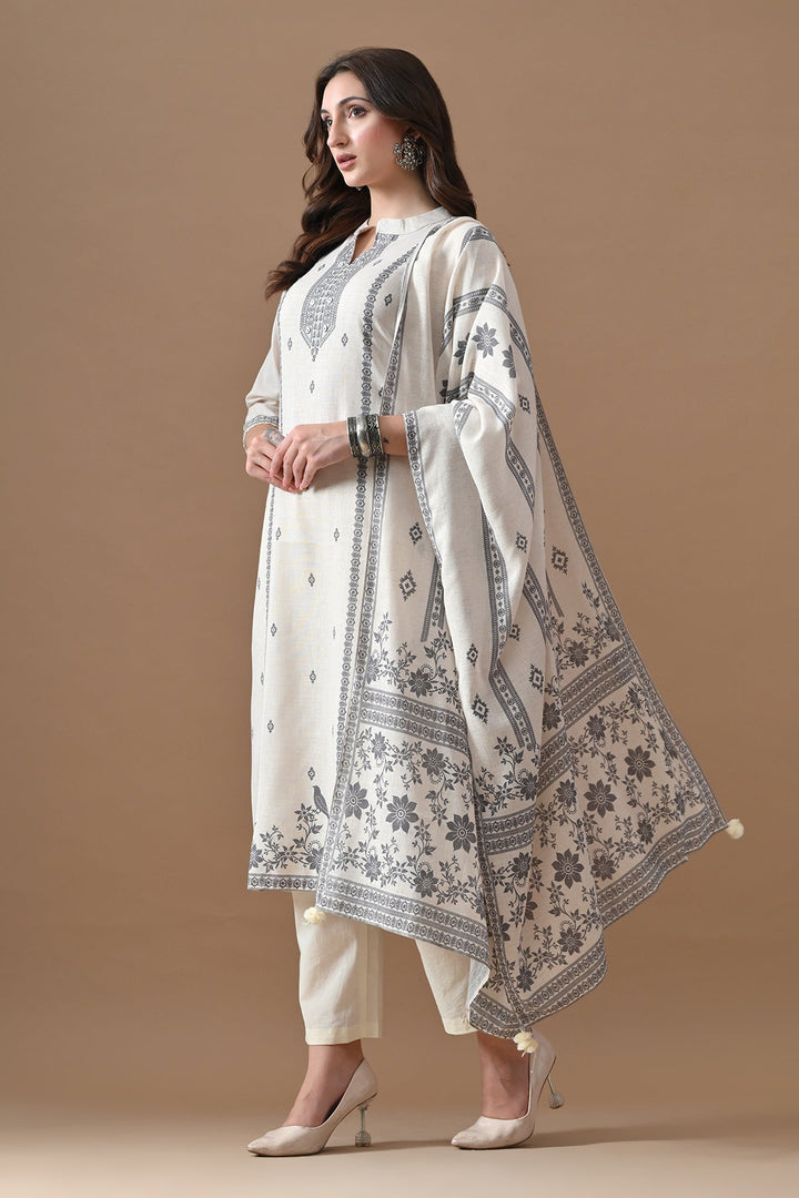 Cream Printed Kurta Set (3 Piece)