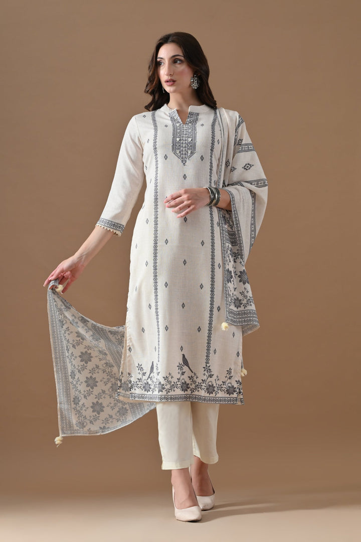 Cream Printed Kurta Set (3 Piece)