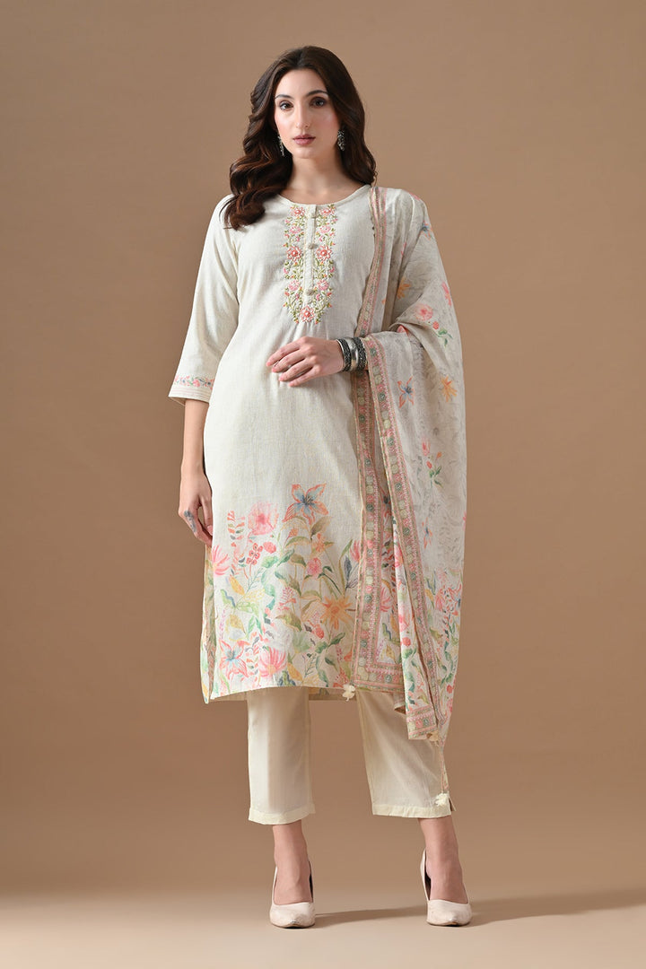 Cream Printed Kurta Set (3 Piece)