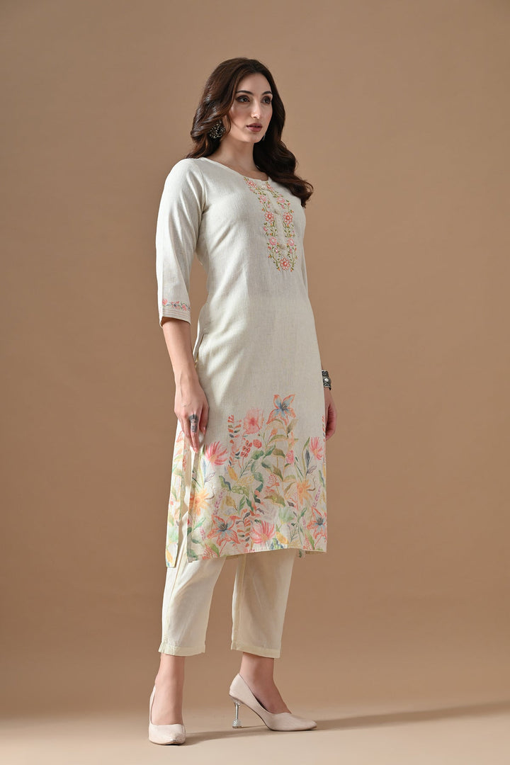 Cream Printed Kurta Set (3 Piece)