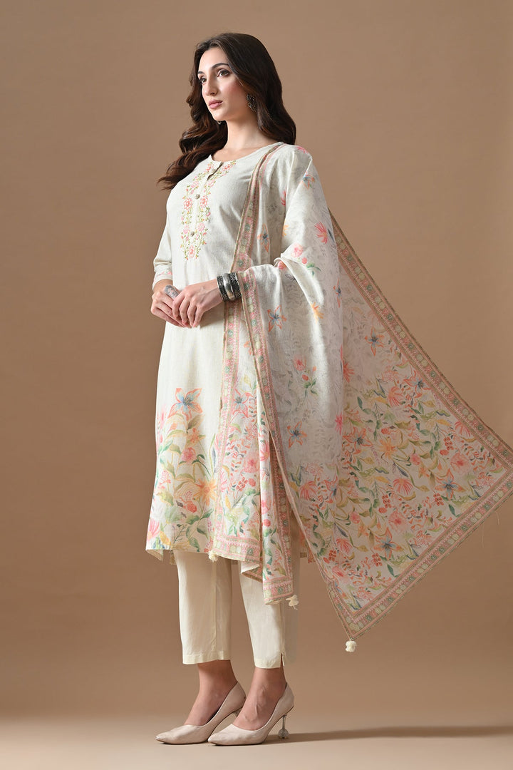 Cream Printed Kurta Set (3 Piece)