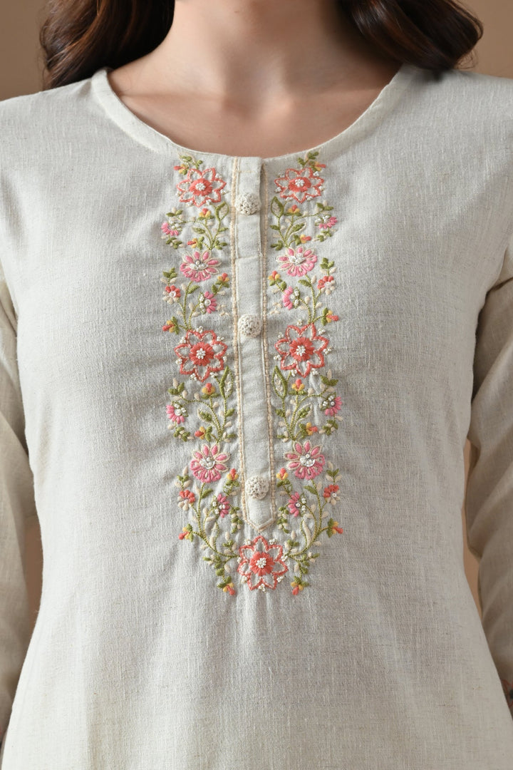 Cream Printed Kurta Set (3 Piece)