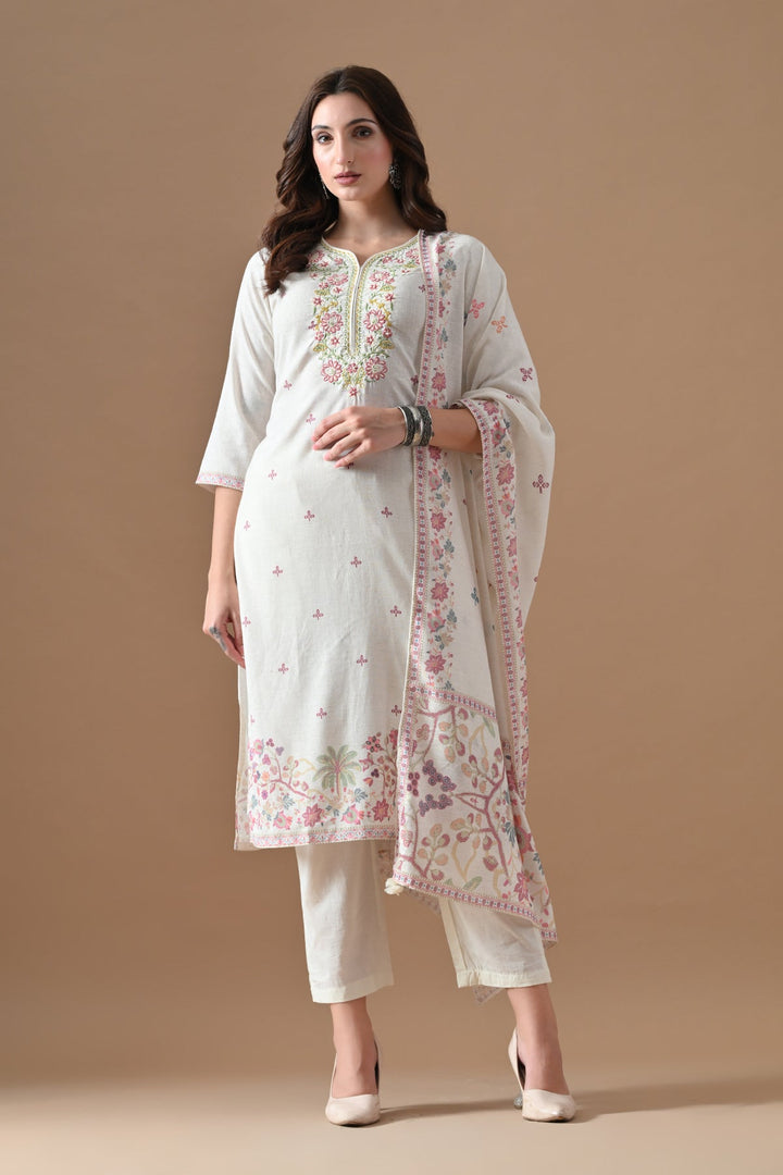 Cream Printed Kurta Set (3 Piece)